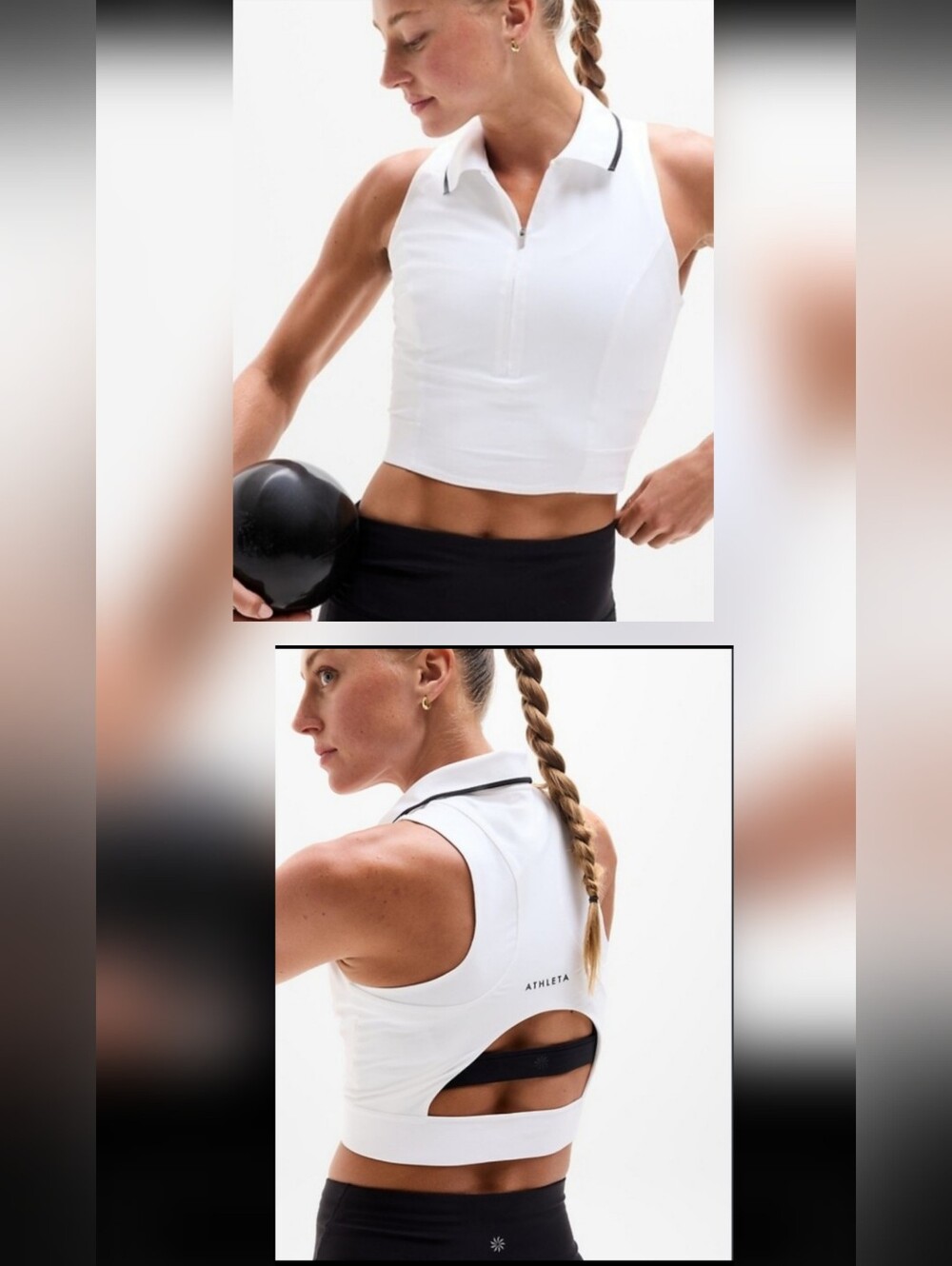 Athleta Power Serve White Sleeveless Zip-Front Polo Tank with Black Trim, S